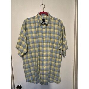Jos. A. Bank Men's Button Up Shirt  Blue Green Yellow  Plaid  100% Linen Size L